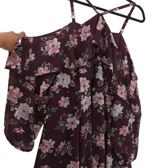 Torrid Women Plus 20 Dress Wine Red Floral Chiffon Halter Cold Shoulder Ruffle - Picture 4 of 11